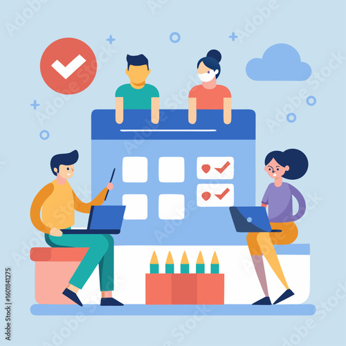 Business team collaborating and interacting with a large schedule for project management