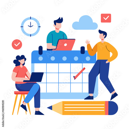 Business team collaborating on a project schedule and planning work on a large calendar
