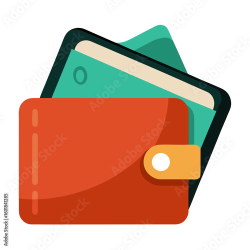 Simple flat design icon of a wallet with two paper money bills peeking out.