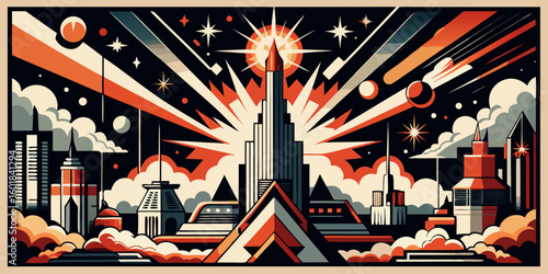 A retro-futuristic cityscape illustration featuring an exploding skyscraper in a cosmic setting