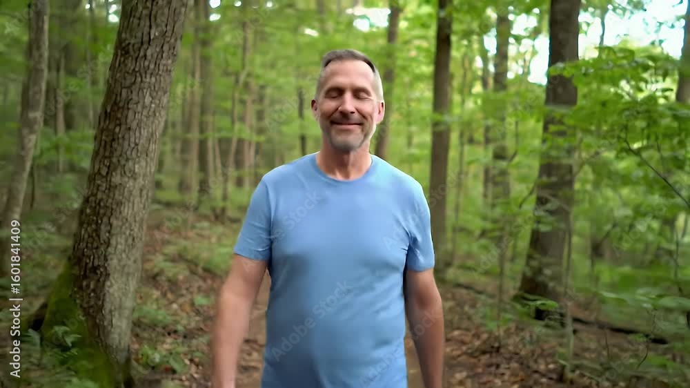Middle aged man walking on a forest trail through a green landscape Middle aged man walking on a forest trail through a green landscape