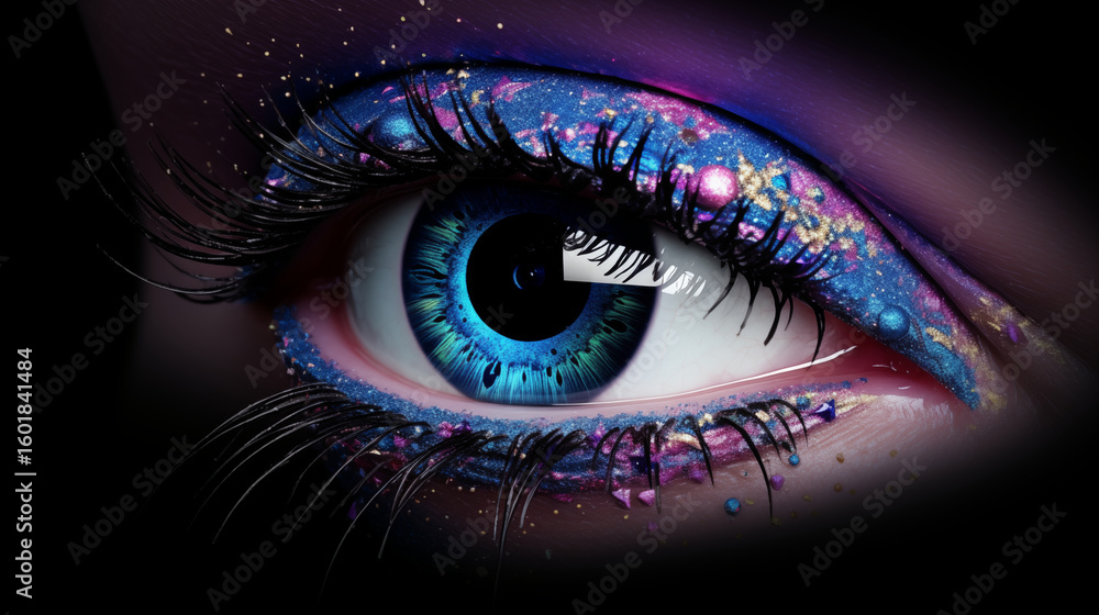 Fototapeta premium Autumnal Glow Hot Fiery Eye Makeup Art, Cosmic Blue Vibrant Eye Fantasy eye shadow design of 2025. 