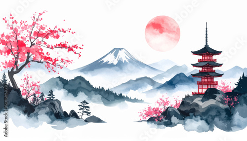 erene Japan landscape with cherry blossoms and Mt. Fuji. Watercolor painting of Mt. Fuji with pagoda and cherry trees. Japan watercolor artwork of Mt. Fuji and cherry blossoms.