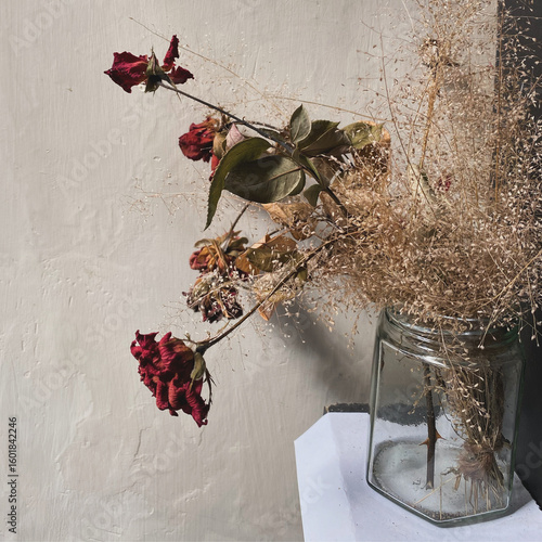 Dried roses with sunlight background, aesthetic photo concept