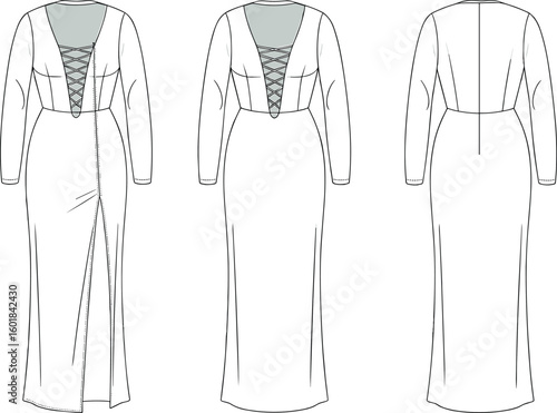 Elegant evening gown CAD drawing, long sleeve dress with lace-up bodice, side slit, back view, technical fashion illustration