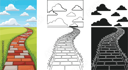 Cartoon brick path vector illustration with clouds and grass landscape background scene for print design