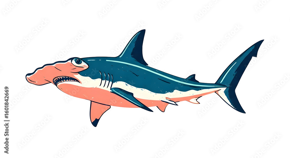 Fototapeta premium Pixel Art Illustration of a Hammerhead Shark with Teal and Coral Color Isolated on Black Background