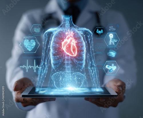 A doctor examines the human body and the heart with modern technology, a medical concept. The doctor holds a digital tablet displaying a holographic representation of the human body.