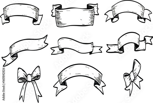 A Collection of Hand Drawn Decorative Ribbons and Bows