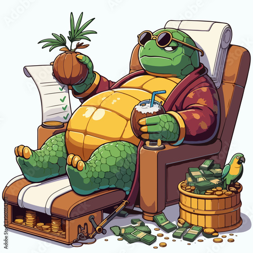 A wealthy turtle character relaxing in a chair with money, a checklist, and a plant. A humorous illustration about business success and financial freedom.