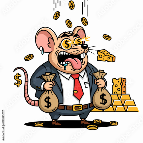 A greedy cartoon businessman mouse obsessed with wealth, holding money bags as coins rain down. An illustration of the capitalist rat race.