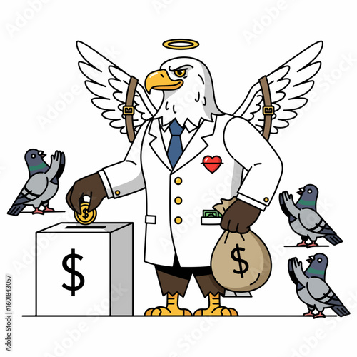Satirical illustration of a wealthy angelic eagle donating a coin to poor pigeons, a metaphor for charity, wealth disparity, and social class.