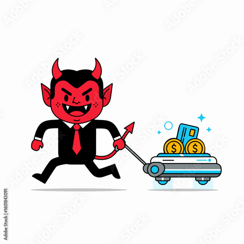 An evil devil businessman character running away with a cart of money and a credit card. A concept for financial greed and debt.
