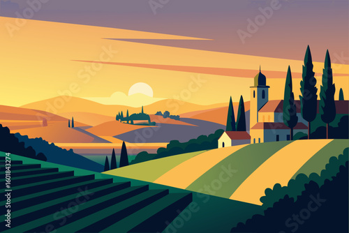 sunset over the village