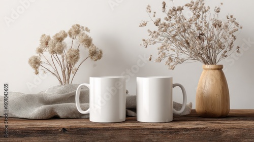 Wallpaper Mural Mockup of two 11oz white coffee mugs on rustic wood tabletop Torontodigital.ca