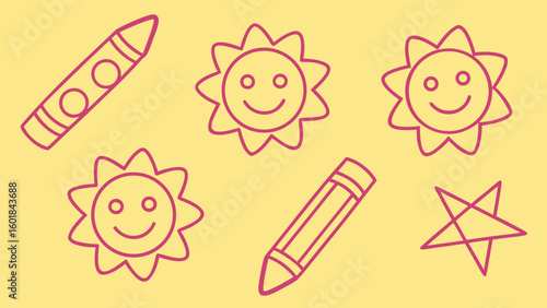 Kid style crayon vector illustrations set with randomly placed fun doodles including nature symbols ideal for child friendly printables