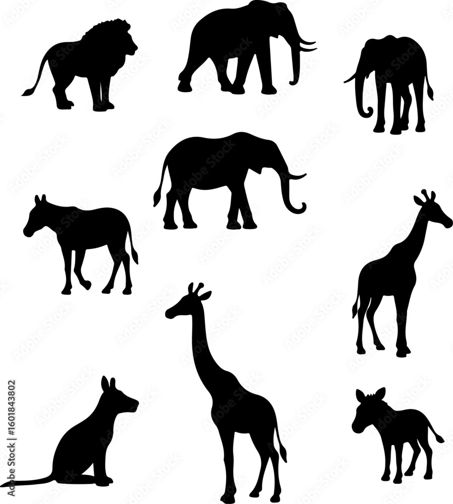 Obraz premium set of animals silhouettes, silhouette, animal, vector, horse, farm, cow, goat, animals, illustration, dog, icon, elephant, wild, cat, sheep, deer, set, collection, lion, giraffe, nature, silhouettes,