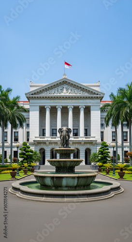Frontal view of Gedung Negara Grahadi, Surabaya, Indonesia, featuring a fountain, palm trees, and the Indonesian flag waving atop the building.