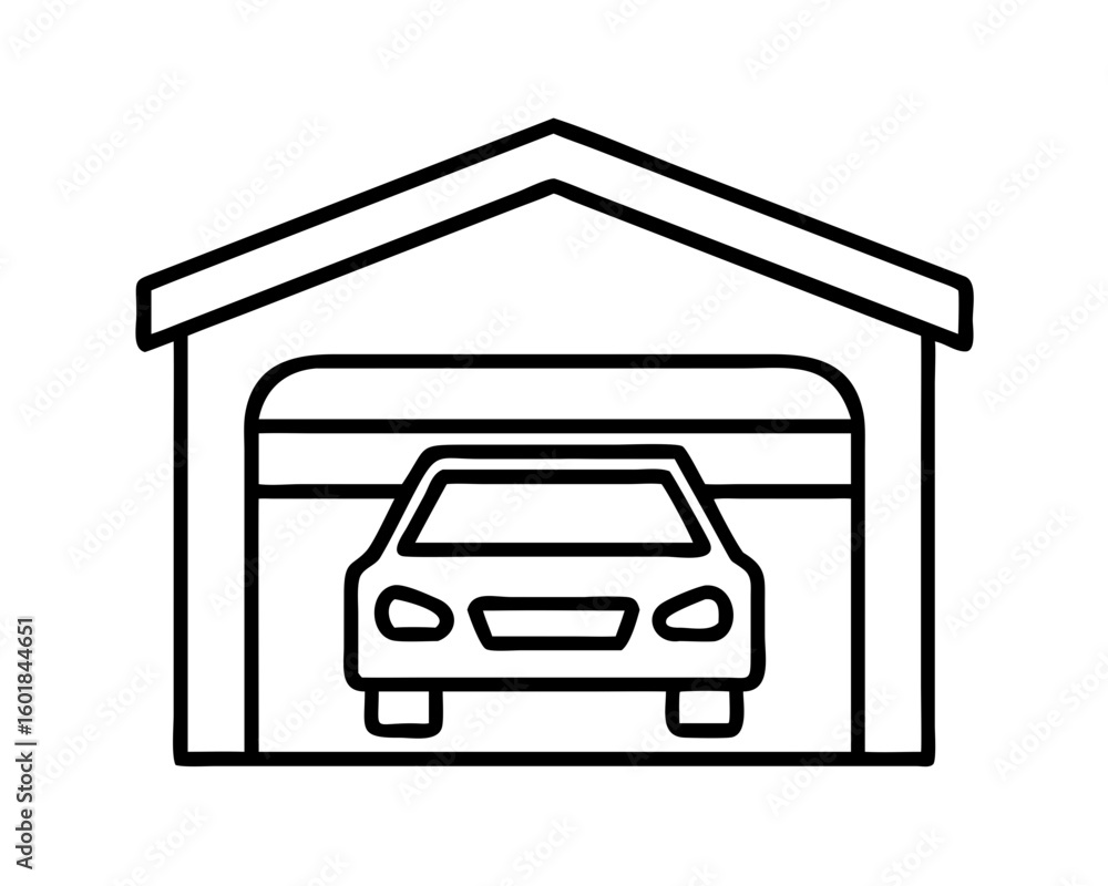 Car inside a garage simple line art silhouette Car inside a garage simple line art silhouette