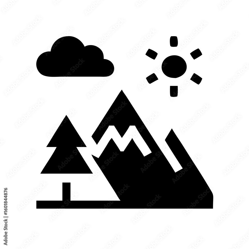 Stylized mountain landscape with sun and cloud silhouette Stylized mountain landscape with sun and cloud silhouette
