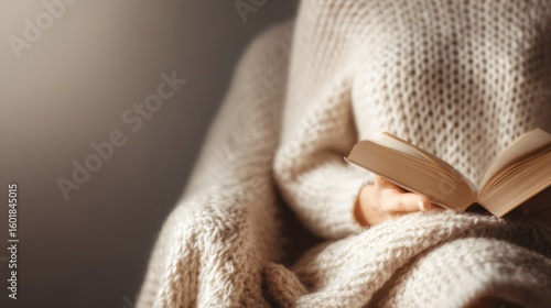 woman curled up in cozy chair reading paperback book with soft lighting and blanket