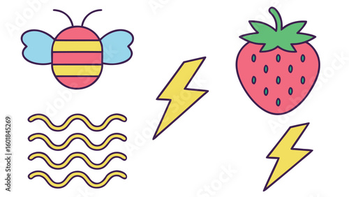 Kid style crayon vector illustrations set with randomly placed fun doodles including nature symbols ideal for child friendly printables