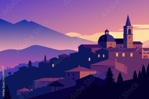 vector illustration of church in the sunset