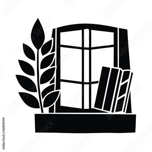 books and leaves on windowsill vector silhouette.eps