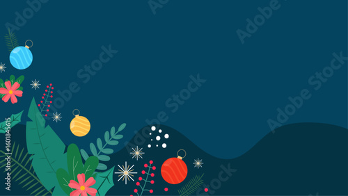 Festive Christmas design featuring ornaments, flowers, and leaves is perfect for holiday cards, posters, invitations, and social media graphics.