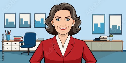 Elegant mature businesswoman smiling confidently in office, mid-forties executive posing for portrait in blue background vector illustration.
