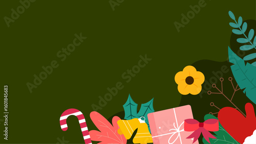 Christmas themed illustration with gifts, candy, and flowers. Perfect for holiday greeting cards, social media posts, or festive designs.