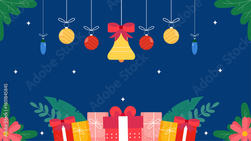 Decorative Christmas ornaments, gifts, and flowers on festive blue background ideal for holiday themed designs, invitations, cards, and social media posts.
