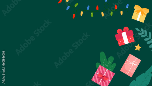 Festive gifts lights and leaves on a green background. Perfect for holiday backgrounds, greeting cards, invitations, and seasonal designs.