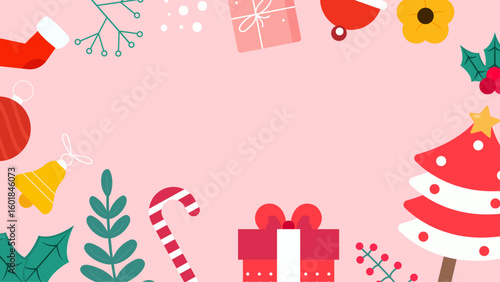 Pink Christmas card with gifts, ornaments, and plants, perfect for holiday season greetings and festive invitations. Ideal for holiday designs.