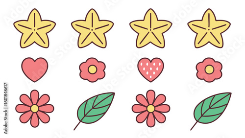 Kid style crayon vector illustrations set with randomly placed fun doodles including nature symbols ideal for child friendly printables