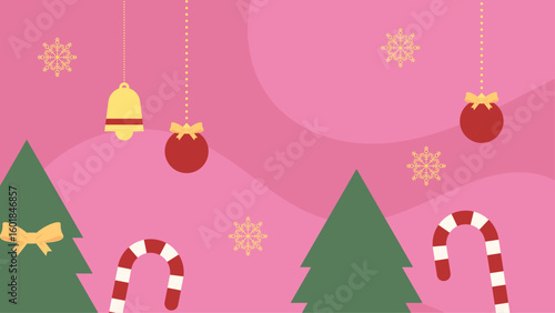 Pink Christmas themed image perfect for holiday designs. Features trees, ornaments, candy canes. Ideal for festive backgrounds, greeting cards, decorations.