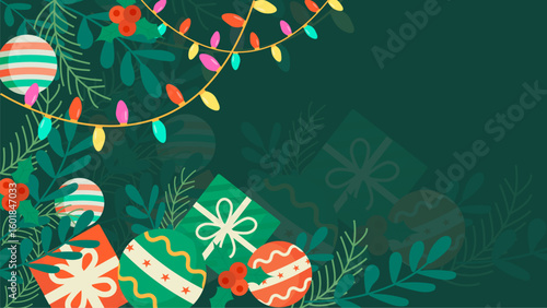 Festive decor of gifts, ornaments, and lights perfect for holiday promotions, greeting cards, and social media posts. Great for Christmas.