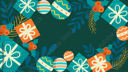 Festive Christmas gifts, ornaments, and holly on green background. Perfect for holiday cards, social media posts, and seasonal marketing.