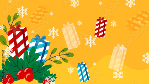 Colorful presents, snowflakes, and holly on a yellow Christmas background. Suitable for holiday cards, social media graphics, and festive designs.