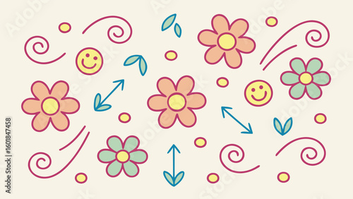 Kid style crayon vector illustrations set with randomly placed fun doodles including nature symbols ideal for child friendly printables