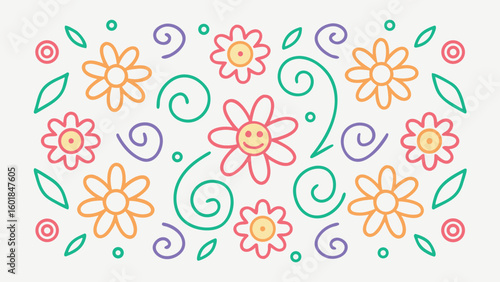 Kid style crayon vector illustrations set with randomly placed fun doodles including nature symbols ideal for child friendly printables