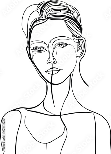 Black vector illustration of a glamorous woman's face with beautiful hair and makeup in a fashion art style
