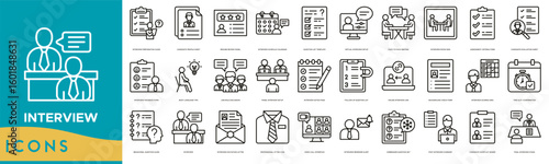 Interview icon set. Interview Preparation Guide, Candidate Profile Sheet, Resume Review Panel, Interview Schedule Calendar, Question List Template, Virtual Interview Setup and Face to Face Meeting