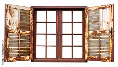 Rusty window with open shutters
