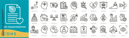 Life Transformation Icon set. Personal Growth Journey, Change Mindset Path, Life Goals Planner, Empowerment Action Plan ,Self Discovery Map, Clarity and Direction, Inner Strength and Vision Board