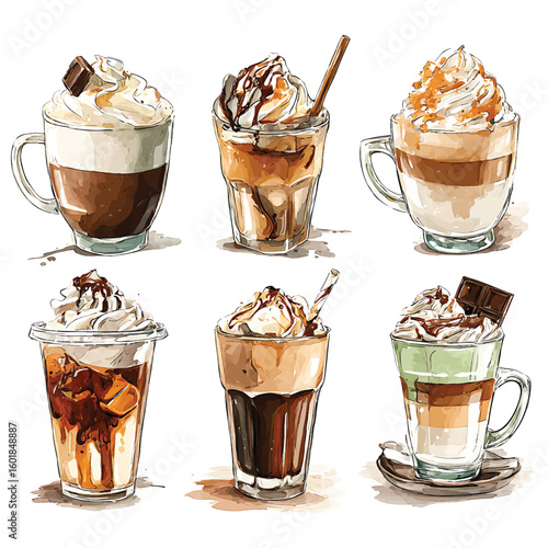 Six watercolor coffee drinks with whipped cream and chocolate toppings beverage