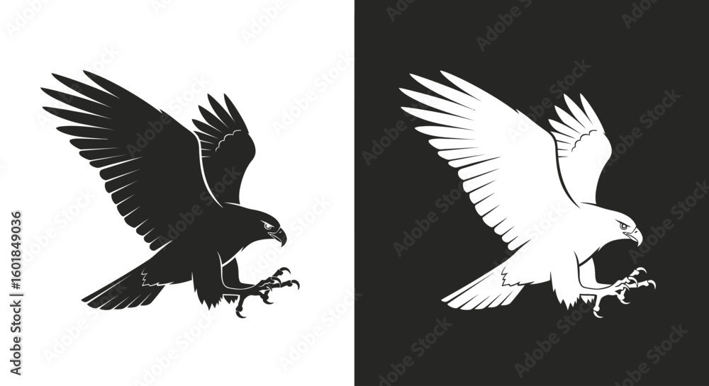 Obraz premium Two eagles, one black on white, one white on black, wings spread, talons extended, in a dynamic, predatory pose.