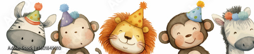 
A cute birthday banner with party animals like a monkey, zebra, and lion wearing colorful hats on a white background, in design of a watercolor cartoon, clip art for children.