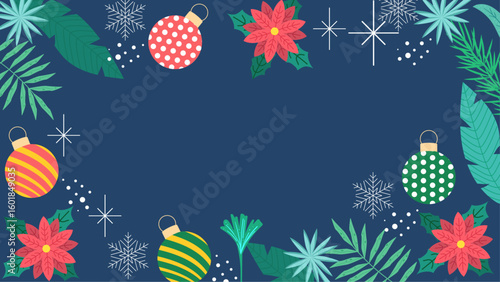 Festive holiday decorations with poinsettias, ornaments, and snowflakes, perfect for Christmas themed designs like greeting cards and social media posts.