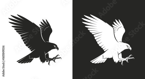 Two eagles, one black on white, one white on black, wings spread, talons extended, in a dynamic, predatory pose.